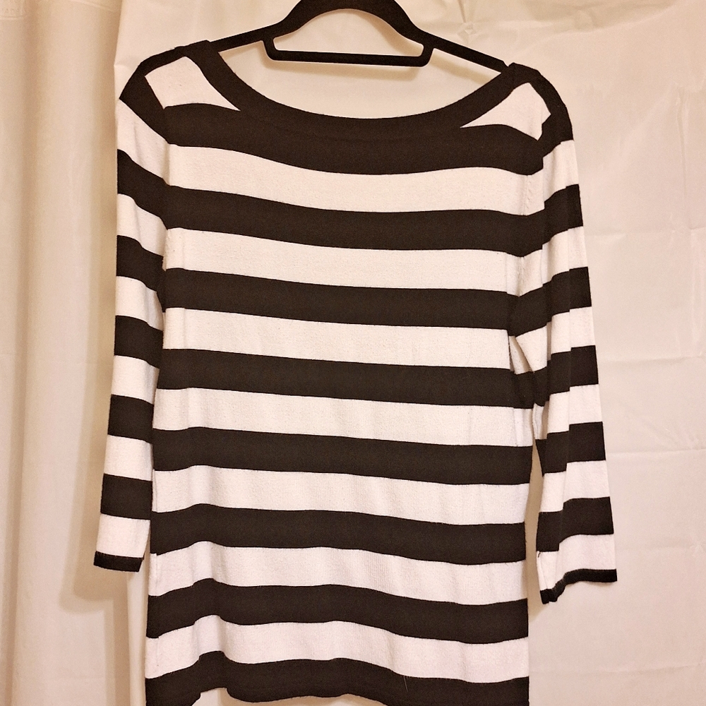 ❤️Venini Sweater SZ XL Black White Pink Pull-Over Striped Top Floral 3/4 Sleeved - Picture 6 of 12